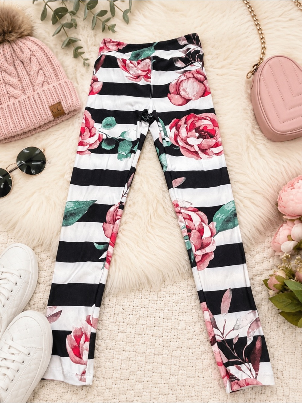 LuLaRoe Kids L/XL Black White Stripe Pink Rose Floral Leggings